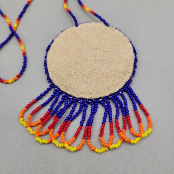 Handcrafted Beaded Necklace Round Sunburst Leather Pendant Fringe 29 Inch - Picture 5 of 5